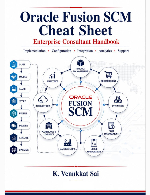 Oracle Fusion SCM Cheat Sheet: Enterprise Consultant Handbook for Implementation, Configuration, Integration, Analytics, Troubleshooting & Interview Revision (Oracle Fusion cloud visual guide)